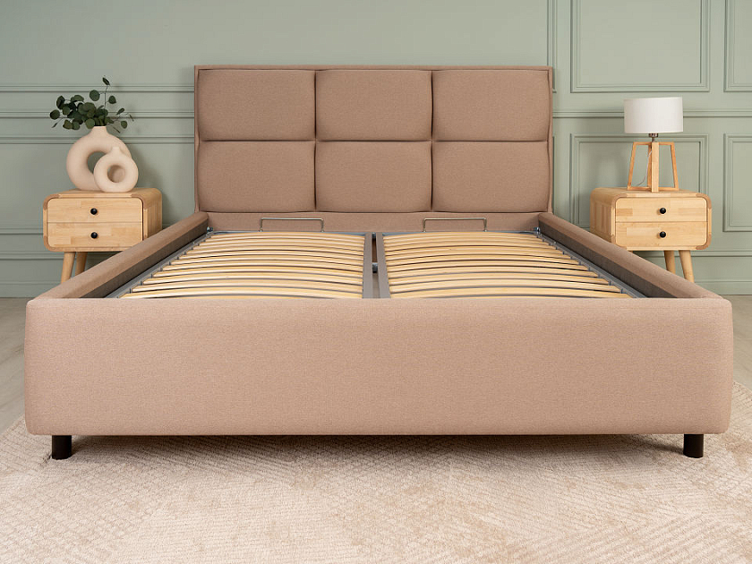 Кровать Malina 160x200 Ткань: Рогожка Тетра Бежевый - Изящная кровать без встроенного основания из массива сосны с мягкими элементами.