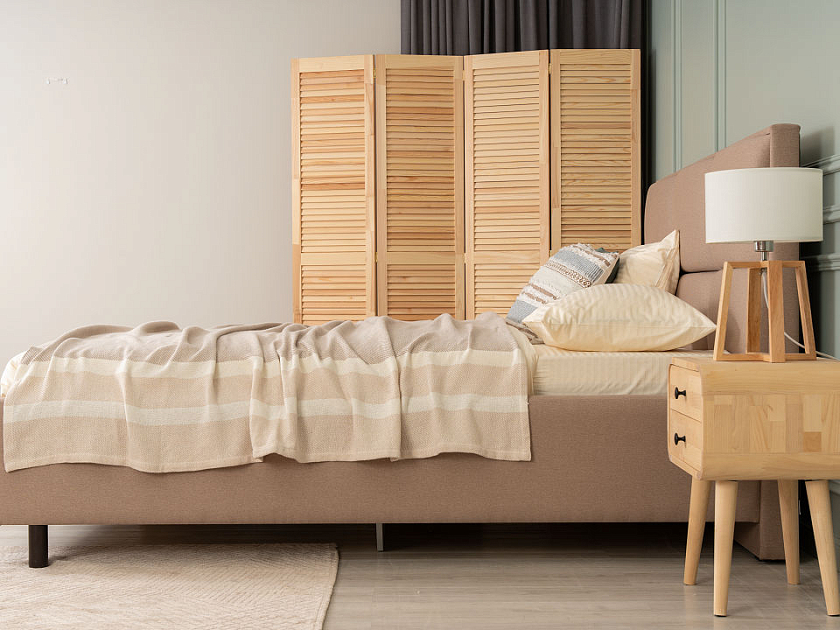 Кровать Malina 120x200 Ткань: Рогожка Тетра Бежевый - Изящная кровать без встроенного основания из массива сосны с мягкими элементами.