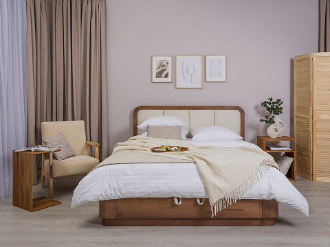 Односпальная кровать Hemwood с подъемным механизмом - Кровать из натурального массива сосны с мягким изголовьем и бельевым ящиком