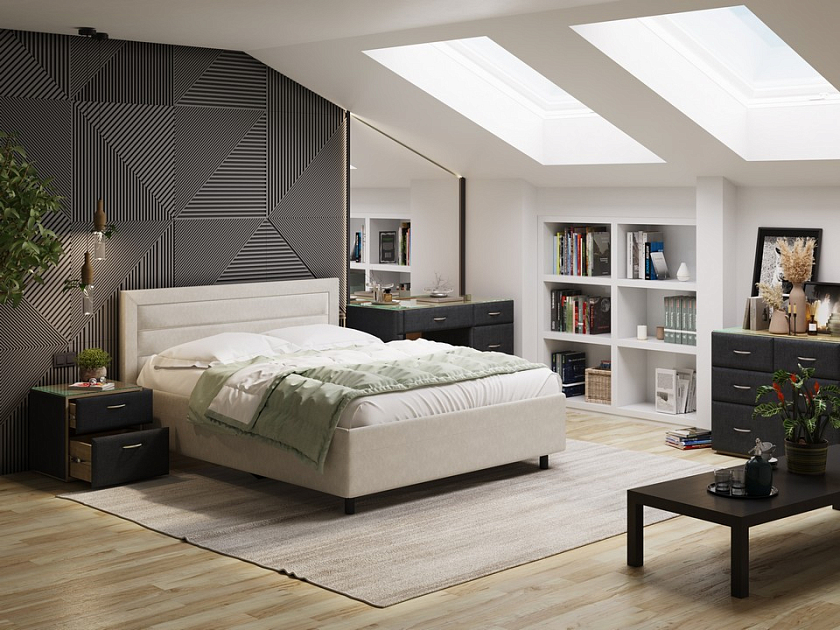 Кровать Next Life 2 90x190 Ткань: Рогожка Levis 14 Бежевый - Cтильная модель в стиле минимализм с горизонтальными строчками