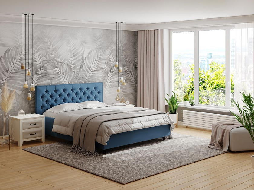 Кровать Teona 200x200 Ткань: Рогожка Тетра Голубой - Кровать с высоким изголовьем, украшенным благородной каретной пиковкой.